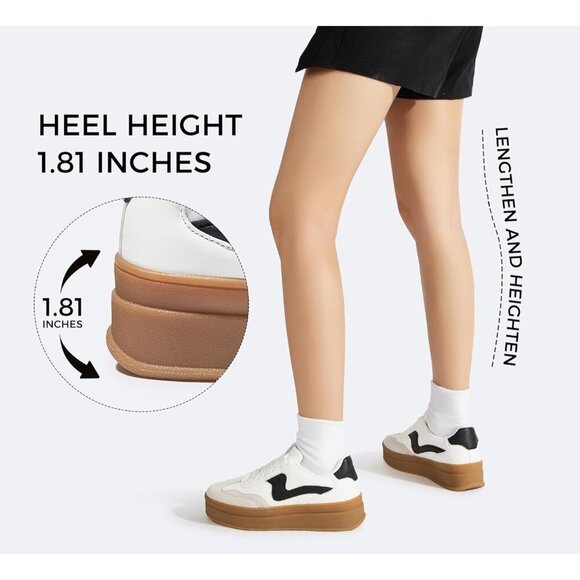 Women Platform WhiteBlack Sneaker Thick Sole Suede Leather Low Top Walking Shoes - Picture 5 of 9
